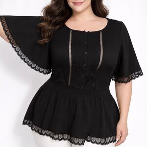 Zenobia Black Lace Trim Peplum Blouse Pintuck Front Flutter Sleeve Boho (1192)